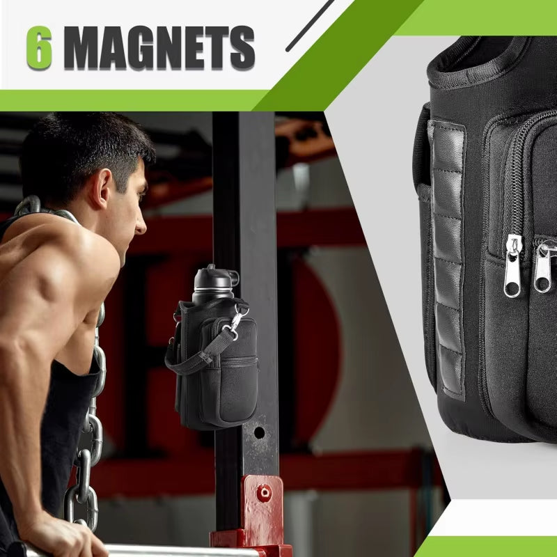 Magnetic Gym Water Bottle Carrier with Phone Pocket & Shoulder Strap - 6 Built-In Magnets for Ultimate Convenience