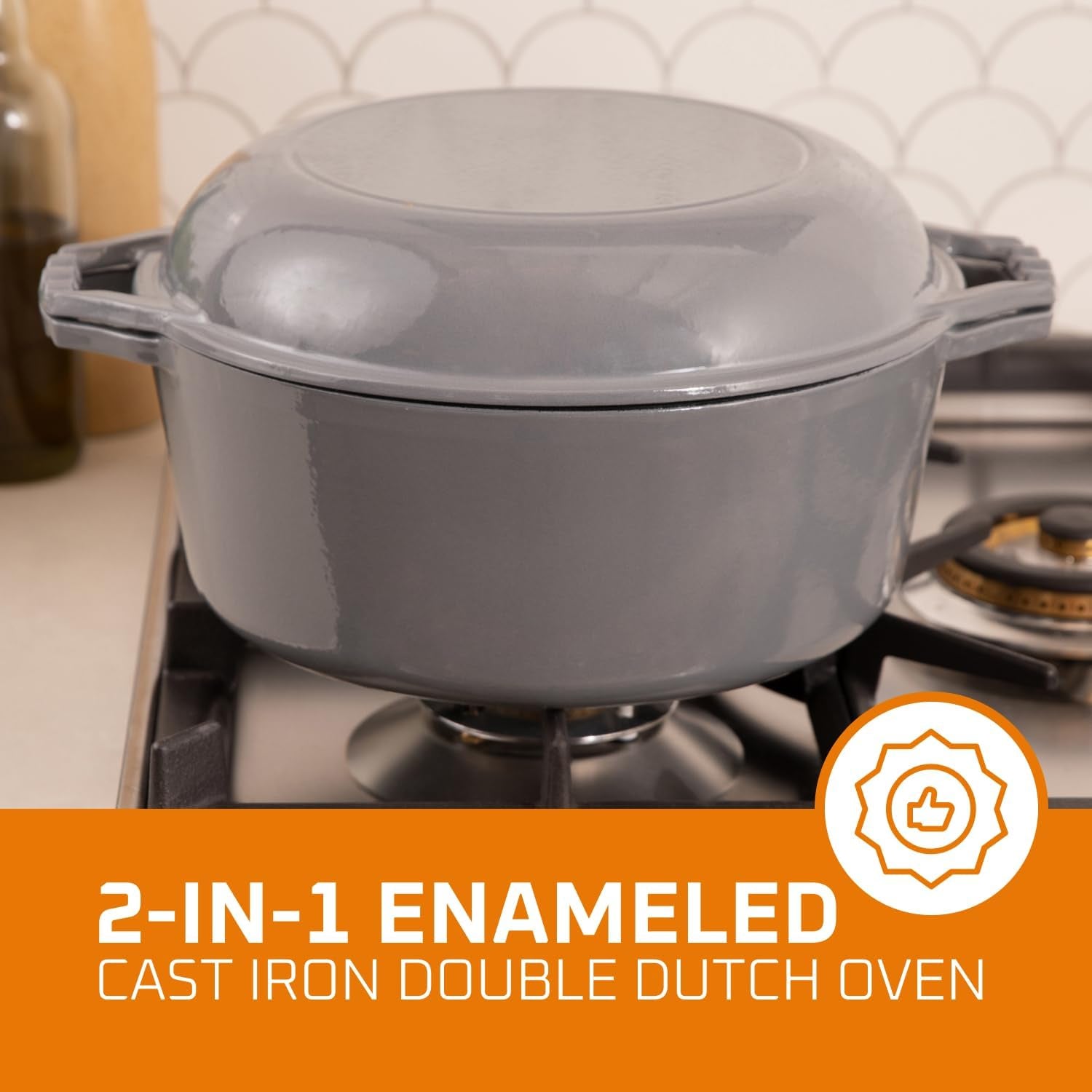 Versatile 2-In-1 Enamel Cast Iron Dutch Oven & Skillet Lid - 7 Quart Grey Crock Pot for Casseroles & Braising