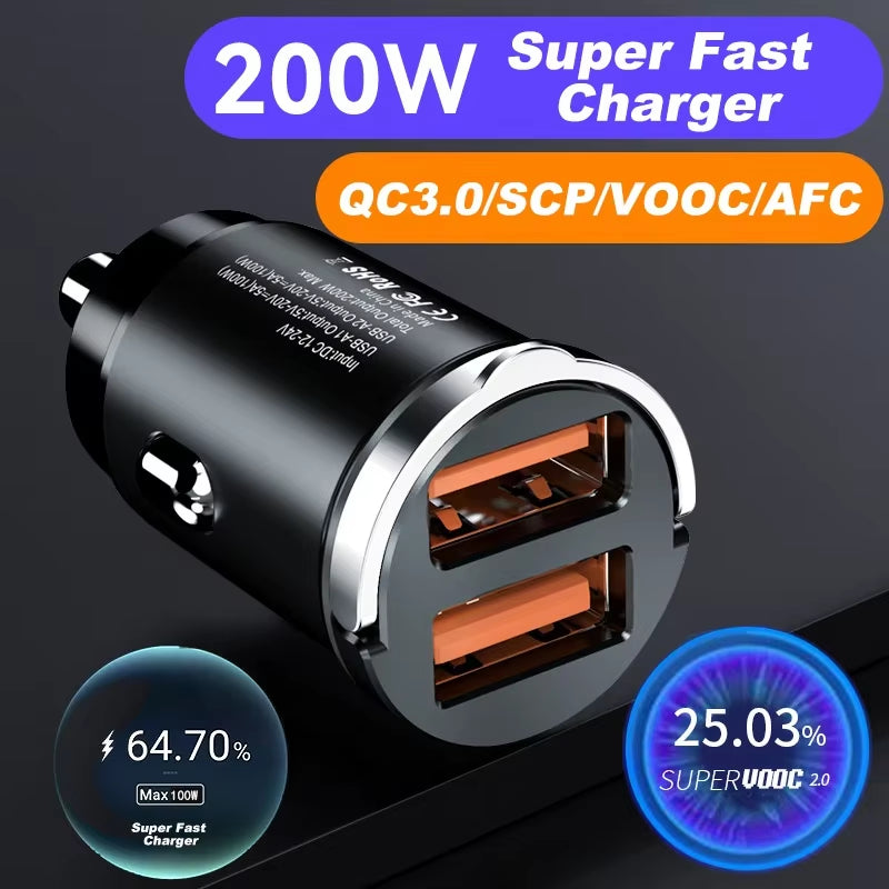 Ultra Fast Dual Port Mini USB Car Charger - 100-200W Cigarette Lighter Adapter for 12-24V Devices