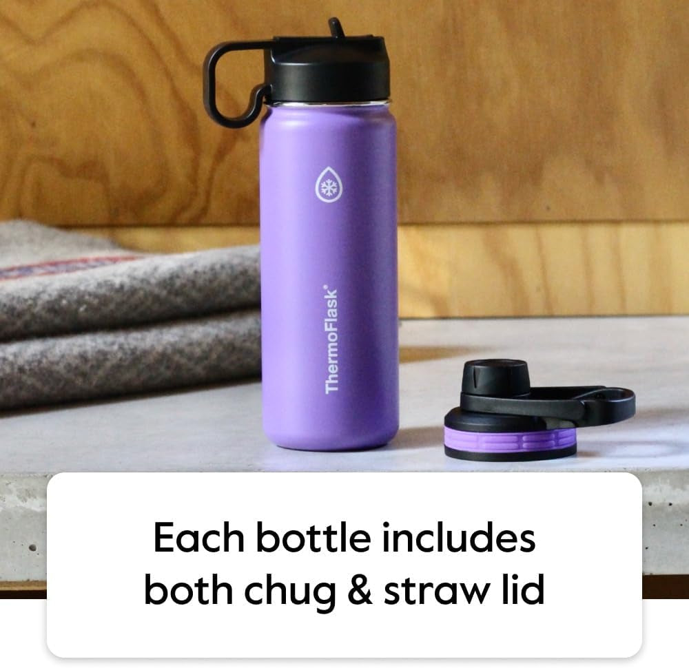 18 Oz Insulated Stainless Steel Water Bottle - Leakproof Chug & Straw Lids - Keeps Drinks Cold for 24 Hours & Hot for 12 Hours - Perfect for Gym & On-The-Go - White