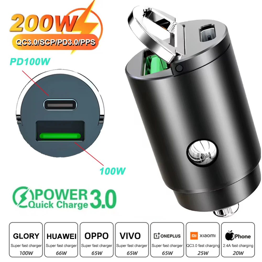 Ultra Fast Dual Port Mini USB Car Charger - 100-200W Cigarette Lighter Adapter for 12-24V Devices
