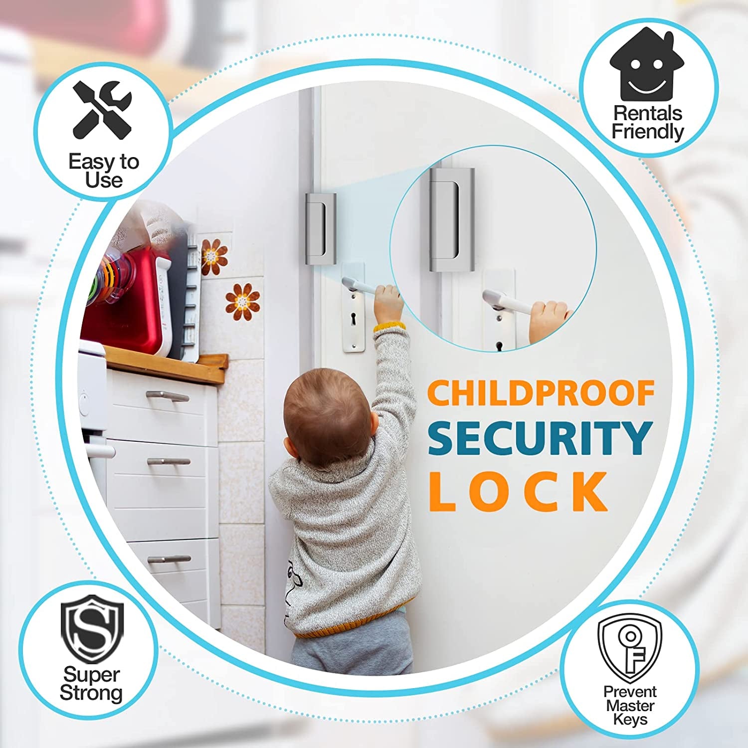Home Security Door Reinforcement Lock - Safety Child Proof Door Locks with 8 Screws for Inward Swinging Front Doors, Extra Add a Top Lock inside Withstands 800 Lbs Deadbolt Latch, Guard Bedroom Patio