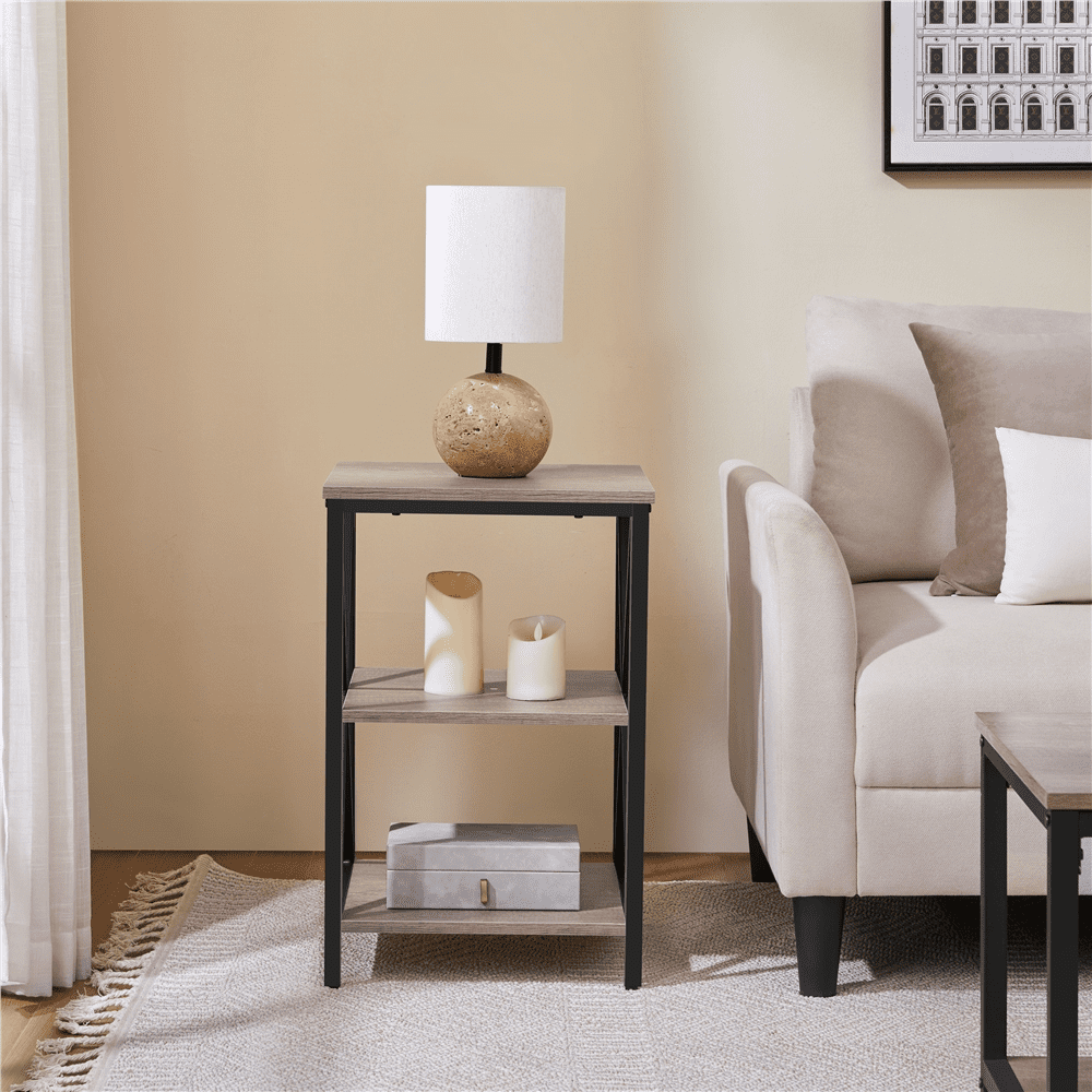 Stylish 3-Tier Rustic Gray X Frame Side Table - Perfect for Your Living Room