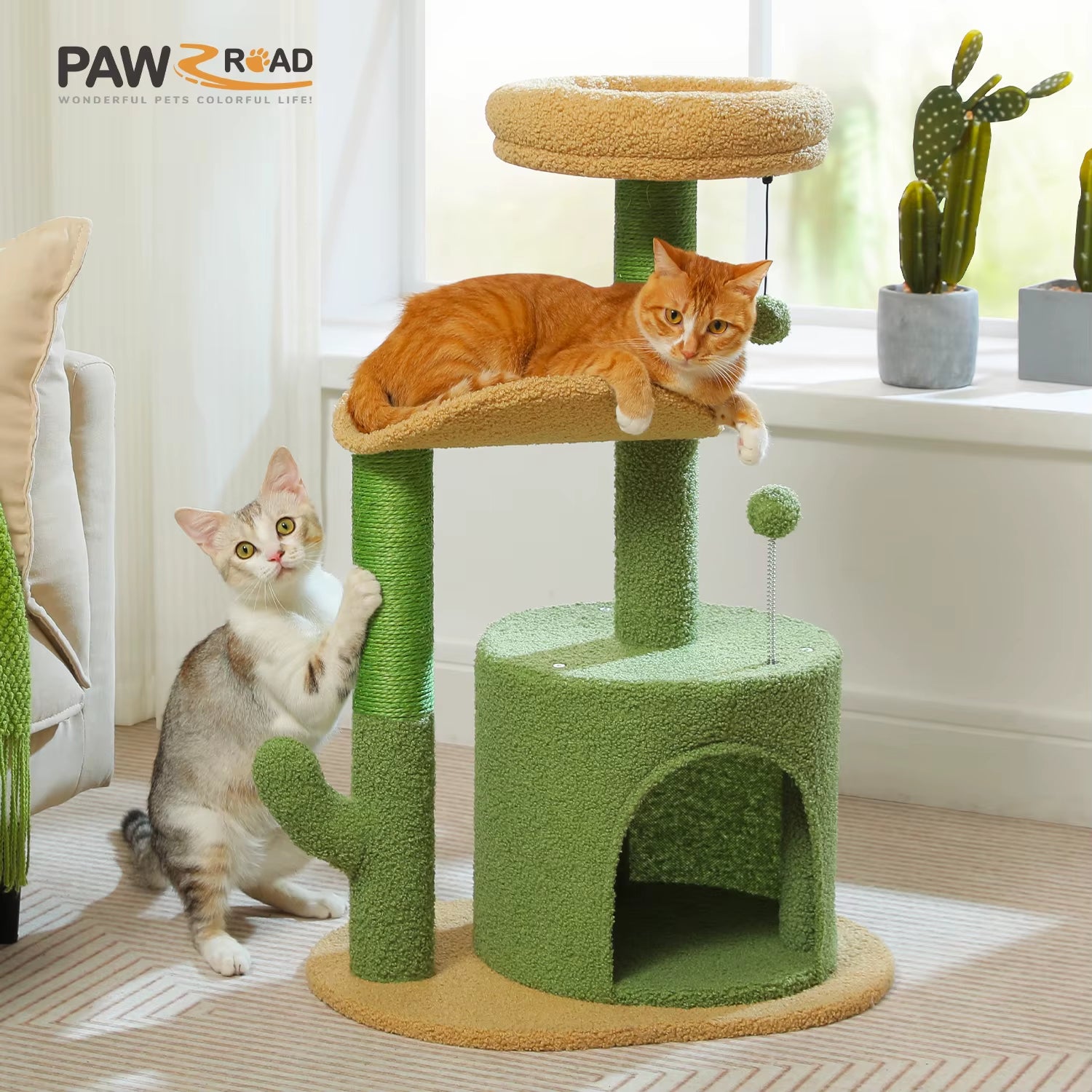 Delight Your Feline Friend with the Cactus Cat Tree: A Cozy Condo and Playful Tower with Removable Top Bed and Scratching Post