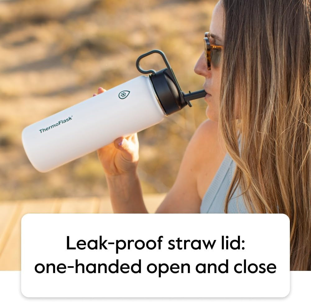 18 Oz Insulated Stainless Steel Water Bottle - Leakproof Chug & Straw Lids - Keeps Drinks Cold for 24 Hours & Hot for 12 Hours - Perfect for Gym & On-The-Go - White