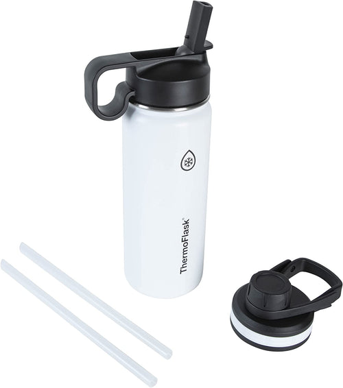18 Oz Insulated Stainless Steel Water Bottle - Leakproof Chug & Straw Lids - Keeps Drinks Cold for 24 Hours & Hot for 12 Hours - Perfect for Gym & On-The-Go - White