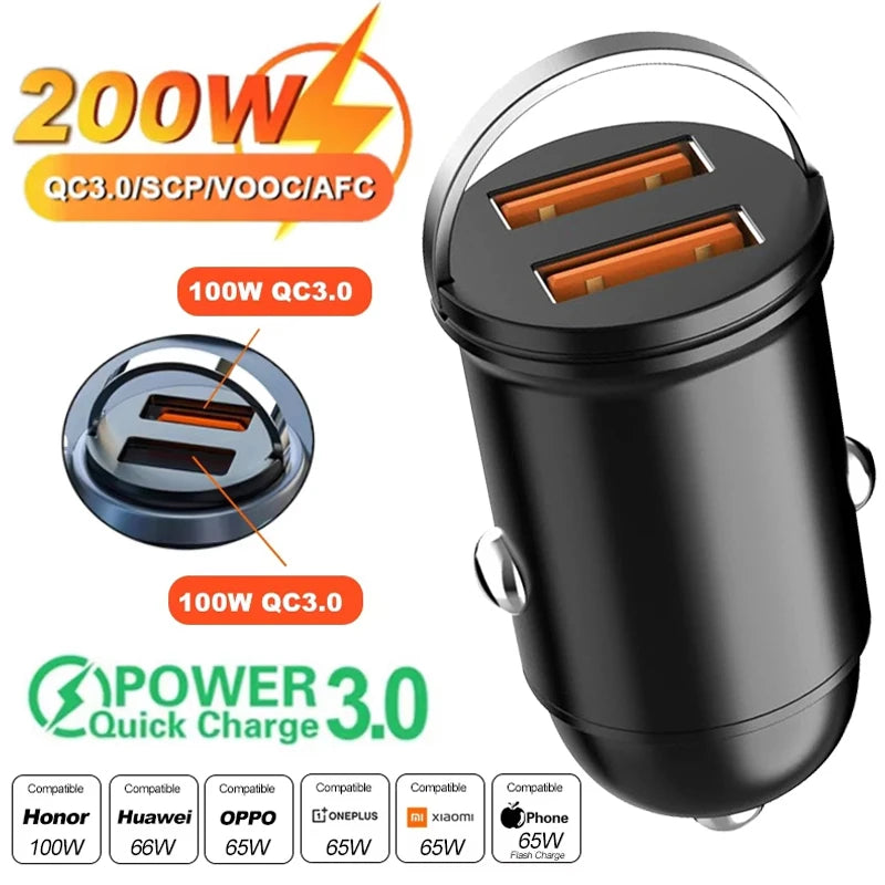 Ultra Fast Dual Port Mini USB Car Charger - 100-200W Cigarette Lighter Adapter for 12-24V Devices