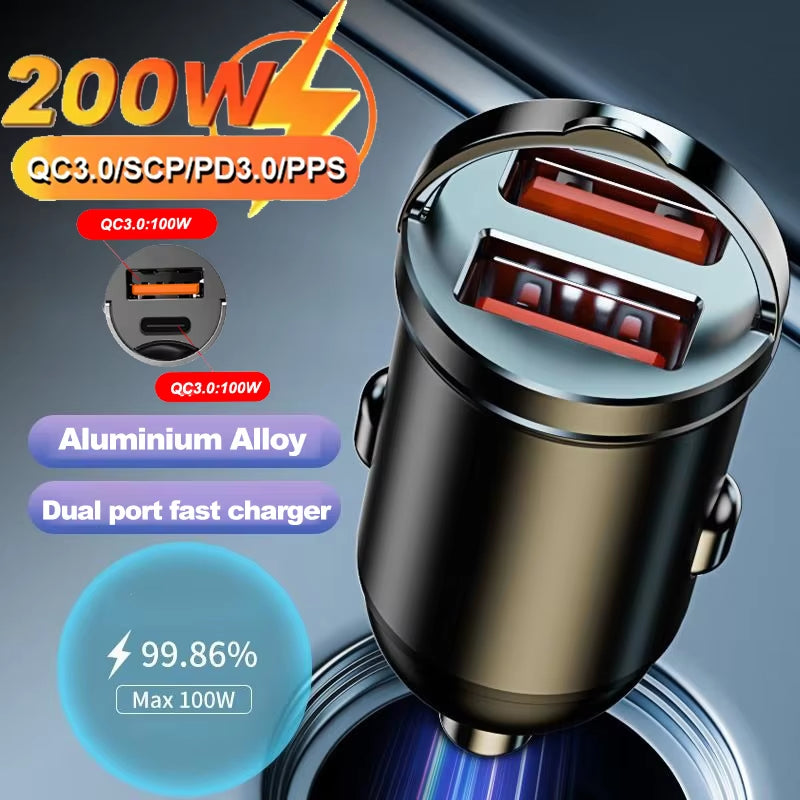 Ultra Fast Dual Port Mini USB Car Charger - 100-200W Cigarette Lighter Adapter for 12-24V Devices