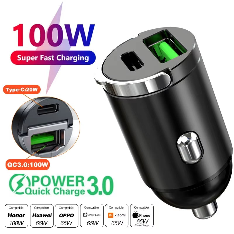 Ultra Fast Dual Port Mini USB Car Charger - 100-200W Cigarette Lighter Adapter for 12-24V Devices