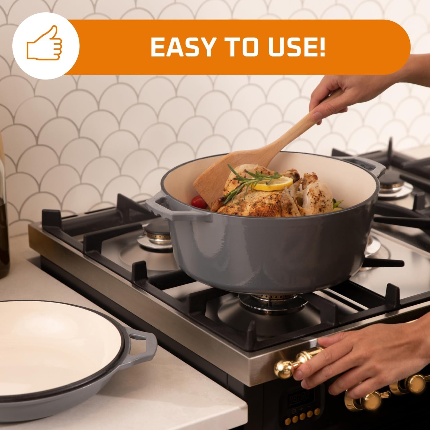 Versatile 2-In-1 Enamel Cast Iron Dutch Oven & Skillet Lid - 7 Quart Grey Crock Pot for Casseroles & Braising