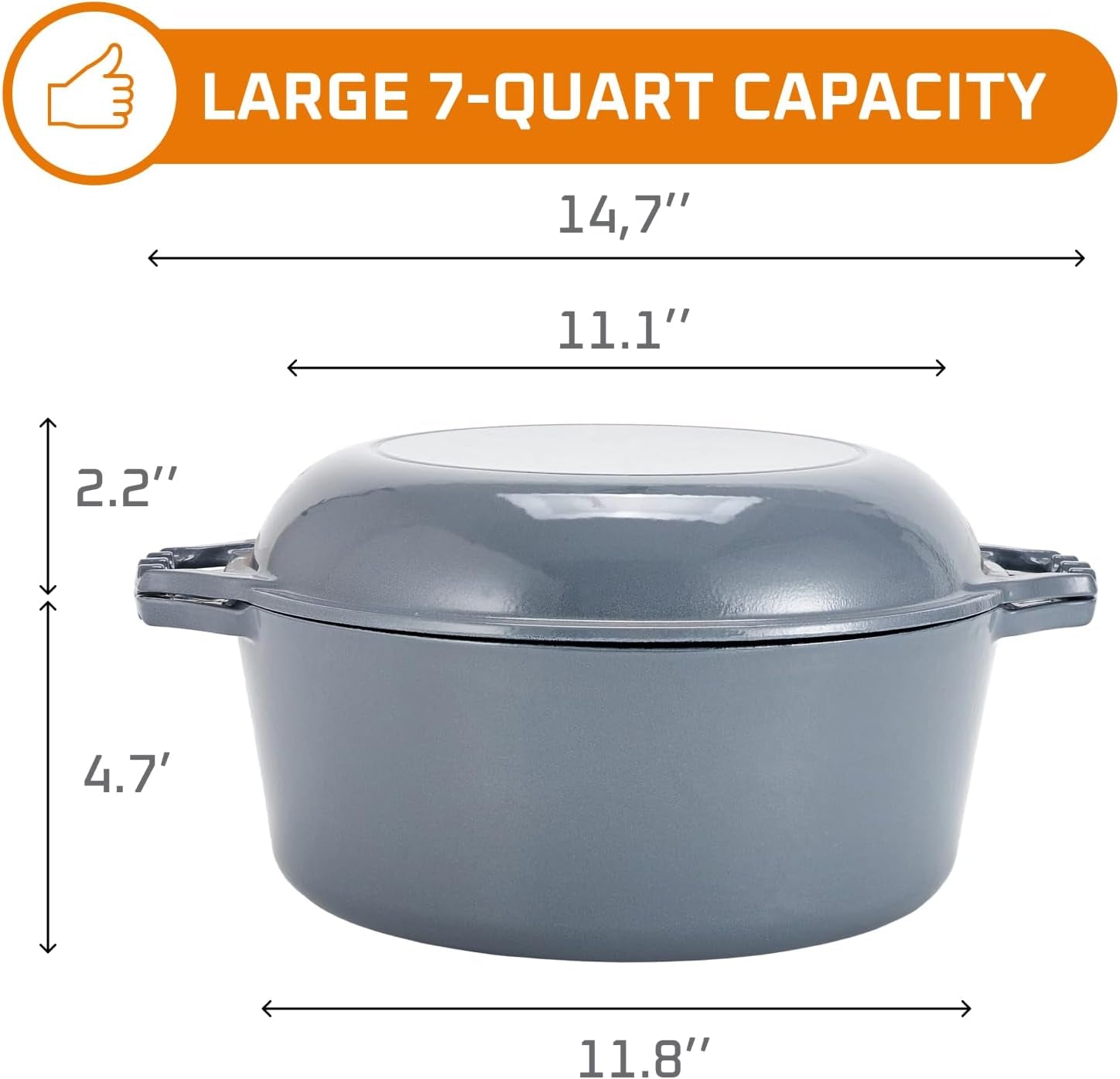 Versatile 2-In-1 Enamel Cast Iron Dutch Oven & Skillet Lid - 7 Quart Grey Crock Pot for Casseroles & Braising