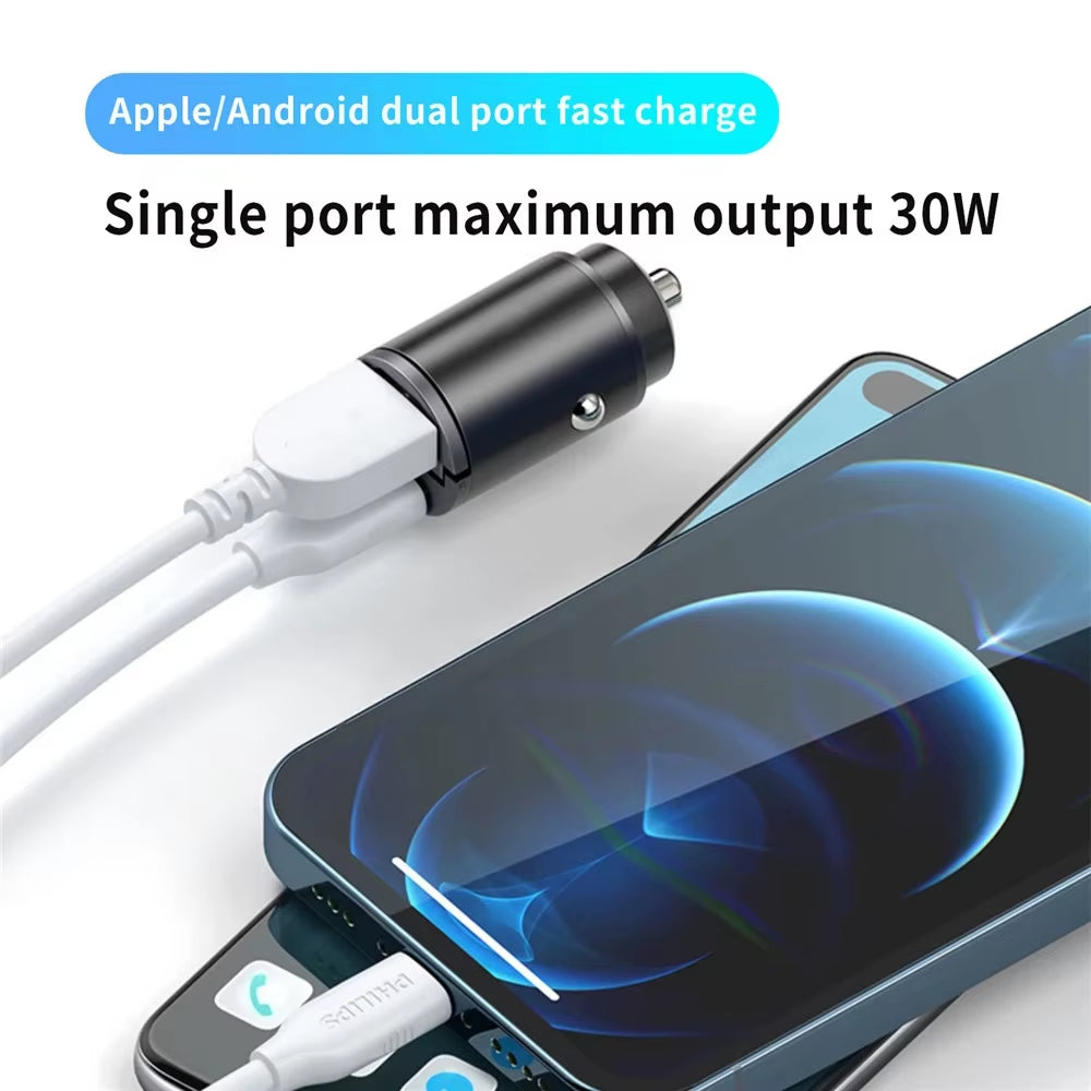 Ultra Fast Dual Port Mini USB Car Charger - 100-200W Cigarette Lighter Adapter for 12-24V Devices
