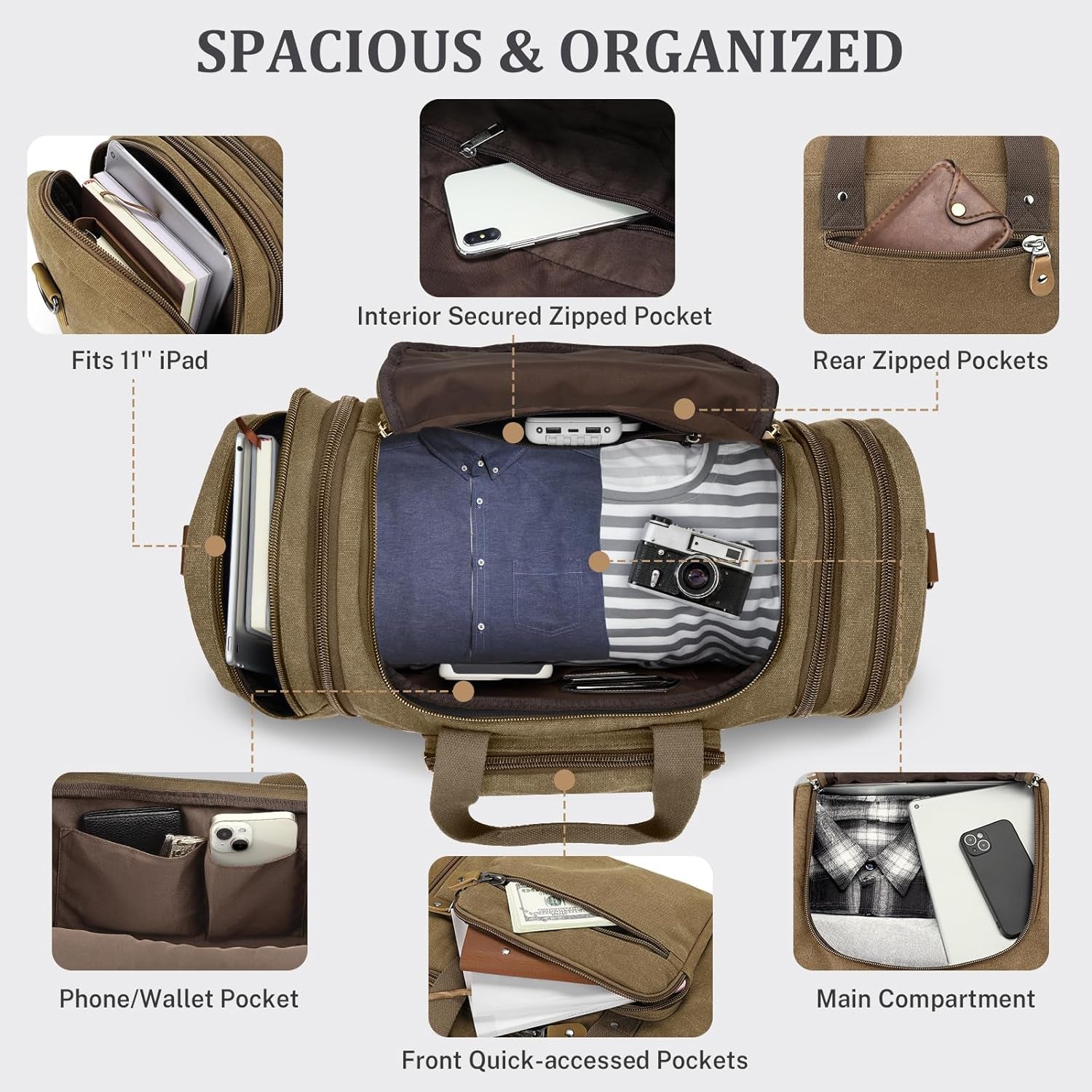 Spacious 60L Canvas Duffle Bag for Travel - Stylish Coffee Overnight & Weekend Bag
